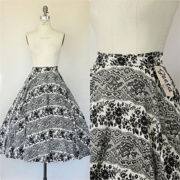 Vintage 1950s Skirt, Deadstock New with Tags Geeta, Black and White Full Circle - Picture 1 of 10